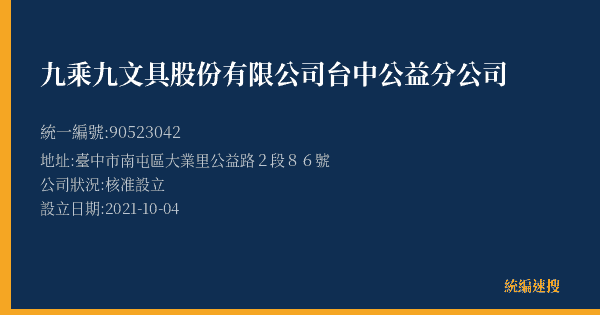 九乘九文具股份有限公司台中公益分公司的照片-統編 90523042(臺中市) 公司登記資料與營業項目詳細圖表