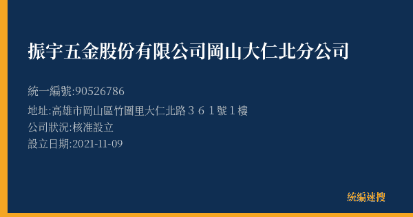 振宇五金股份有限公司岡山大仁北分公司的照片-統編 90526786(高雄市) 公司登記資料與營業項目詳細圖表