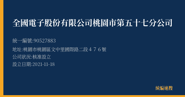 全國電子股份有限公司桃園市第五十七分公司的照片-統編 90527883(桃園市) 公司登記資料與營業項目詳細圖表