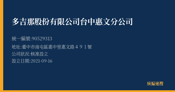 多吉那股份有限公司台中惠文分公司的照片-統編 90529313(臺中市) 公司登記資料與營業項目詳細圖表