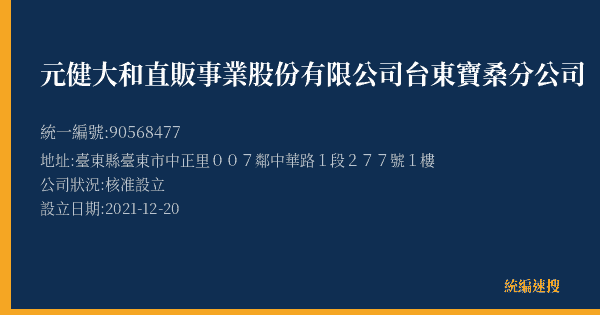 元健大和直販事業股份有限公司台東寶桑分公司的照片-統編 90568477(臺東縣) 公司登記資料與營業項目詳細圖表
