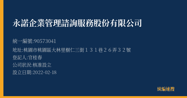 永諾企業管理諮詢服務股份有限公司的照片-統編 90573041(桃園市) 公司登記資料與營業項目詳細圖表