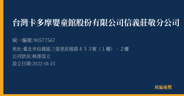台灣卡多摩嬰童館股份有限公司信義莊敬分公司的照片-統編 90577567(臺北市) 公司登記資料與營業項目詳細圖表