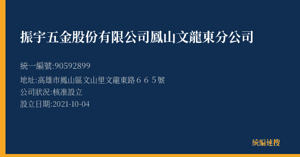 振宇五金股份有限公司鳳山文龍東分公司的照片-統編 90592899(高雄市) 公司登記資料與營業項目詳細圖表