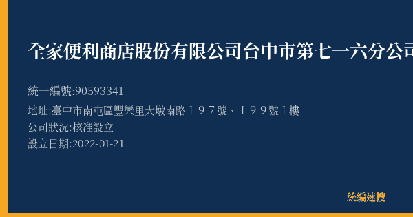 全家便利商店股份有限公司台中市第七一六分公司的照片-統編 90593341(臺中市) 公司登記資料與營業項目詳細圖表