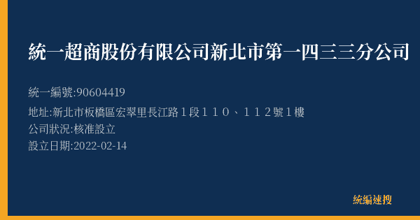 統一超商股份有限公司新北市第一四三三分公司的照片-統編 90604419(新北市) 公司登記資料與營業項目詳細圖表