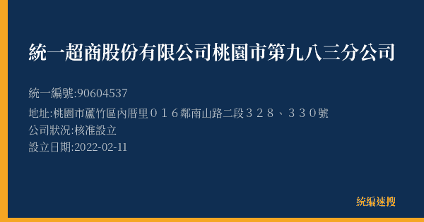 統一超商股份有限公司桃園市第九八三分公司的照片-統編 90604537(桃園市) 公司登記資料與營業項目詳細圖表