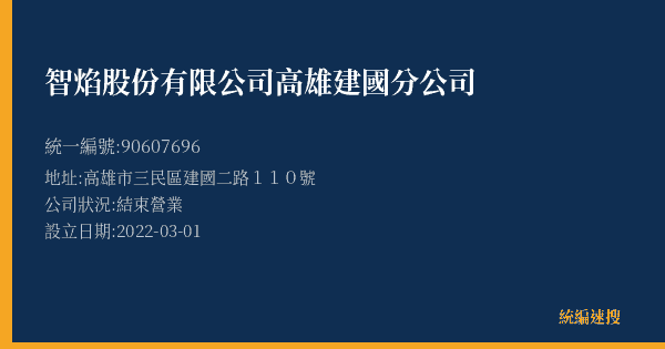 智焰股份有限公司高雄建國分公司的照片-統編 90607696(高雄市) 公司登記資料與營業項目詳細圖表