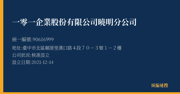 一零一企業股份有限公司曉明分公司的照片-統編 90616999(臺中市) 公司登記資料與營業項目詳細圖表