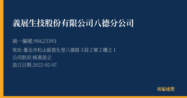 義展生技股份有限公司八德分公司的照片-統編 90623393(臺北市) 公司登記資料與營業項目詳細圖表