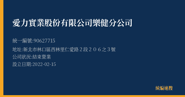 愛力實業股份有限公司樂健分公司的照片-統編 90627715(新北市) 公司登記資料與營業項目詳細圖表