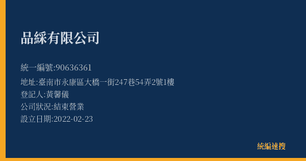 品綵有限公司的照片-統編 90636361(臺南市) 公司登記資料與營業項目詳細圖表