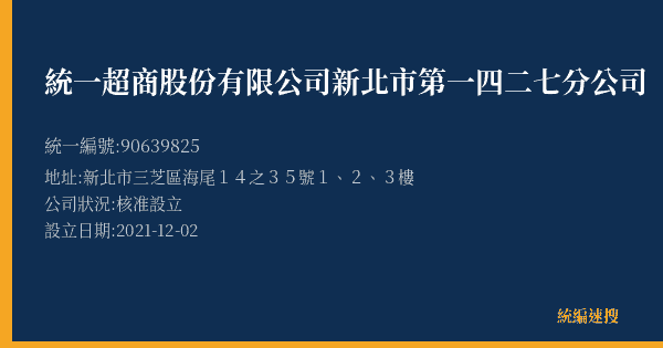 統一超商股份有限公司新北市第一四二七分公司的照片-統編 90639825(新北市) 公司登記資料與營業項目詳細圖表