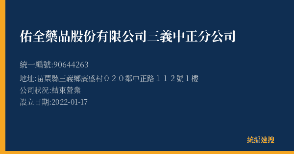 佑全藥品股份有限公司三義中正分公司的照片-統編 90644263(苗栗縣) 公司登記資料與營業項目詳細圖表