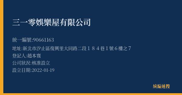 三一零娛樂屋有限公司的照片-統編 90661163(新北市) 公司登記資料與營業項目詳細圖表