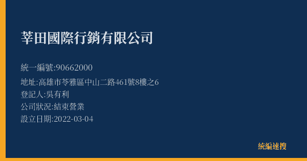 莘田國際行銷有限公司的照片-統編 90662000(高雄市) 公司登記資料與營業項目詳細圖表