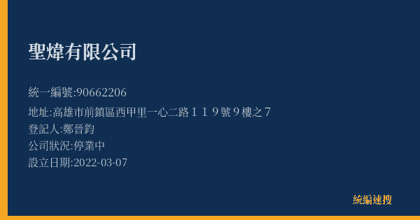 聖煒有限公司的照片-統編 90662206(高雄市) 公司登記資料與營業項目詳細圖表