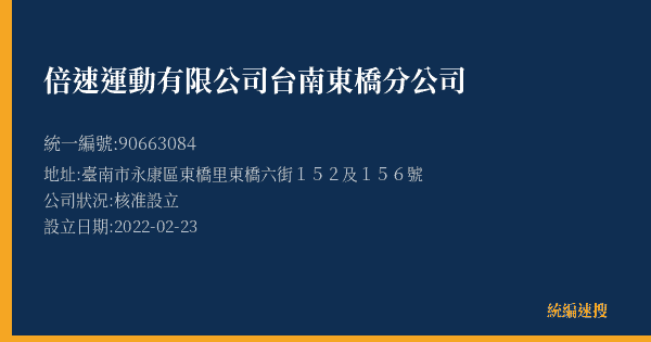 倍速運動有限公司台南東橋分公司的照片-統編 90663084(臺南市) 公司登記資料與營業項目詳細圖表