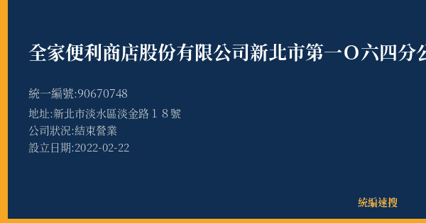 全家便利商店股份有限公司新北市第一O六四分公司的照片-統編 90670748(新北市) 公司登記資料與營業項目詳細圖表