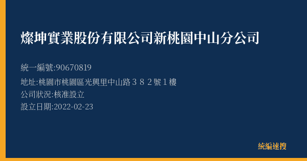 燦坤實業股份有限公司新桃園中山分公司的照片-統編 90670819(桃園市) 公司登記資料與營業項目詳細圖表