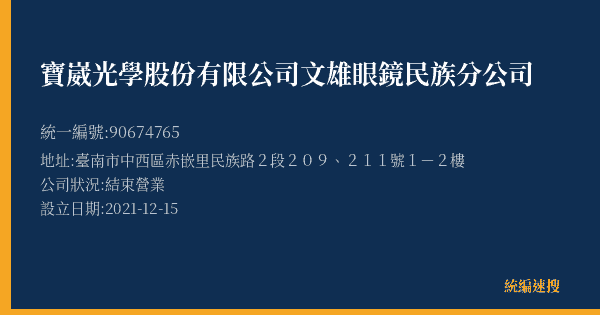 寶崴光學股份有限公司文雄眼鏡民族分公司的照片-統編 90674765(臺南市) 公司登記資料與營業項目詳細圖表