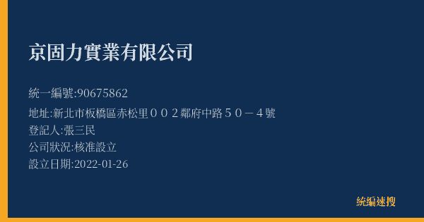 京固力實業有限公司的照片-統編 90675862(新北市) 公司登記資料與營業項目詳細圖表
