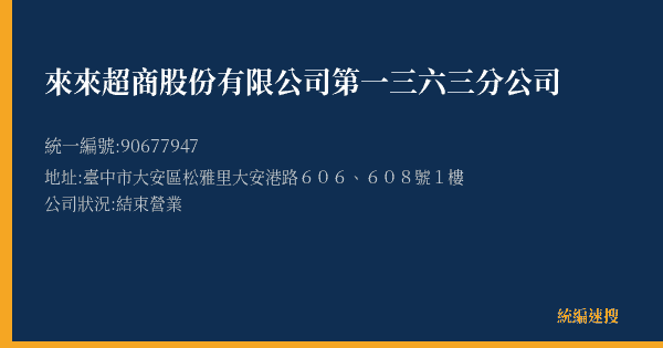 來來超商股份有限公司第一三六三分公司的照片-統編 90677947(臺中市) 公司登記資料與營業項目詳細圖表