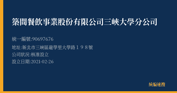 築間餐飲事業股份有限公司三峽大學分公司的照片-統編 90697676(新北市) 公司登記資料與營業項目詳細圖表
