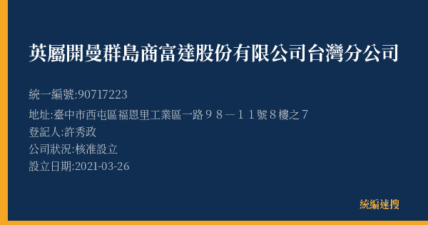 英屬開曼群島商富達股份有限公司台灣分公司的照片-統編 90717223(臺中市) 公司登記資料與營業項目詳細圖表