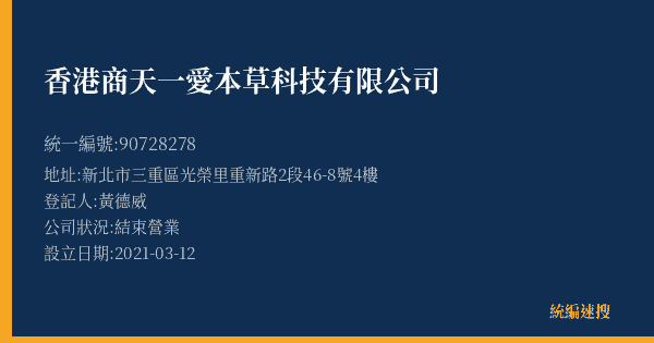 香港商天一愛本草科技有限公司的照片-統編 90728278(新北市) 公司登記資料與營業項目詳細圖表