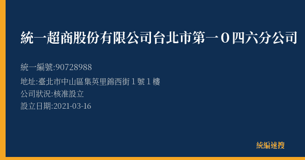 統一超商股份有限公司台北市第一0四六分公司的照片-統編 90728988(臺北市) 公司登記資料與營業項目詳細圖表