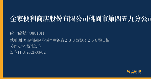 全家便利商店股份有限公司桃園市第四五九分公司的照片-統編 90881011(桃園市) 公司登記資料與營業項目詳細圖表