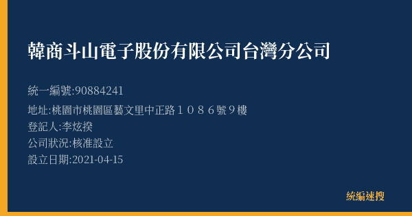 韓商斗山電子股份有限公司台灣分公司的照片-統編 90884241(桃園市) 公司登記資料與營業項目詳細圖表