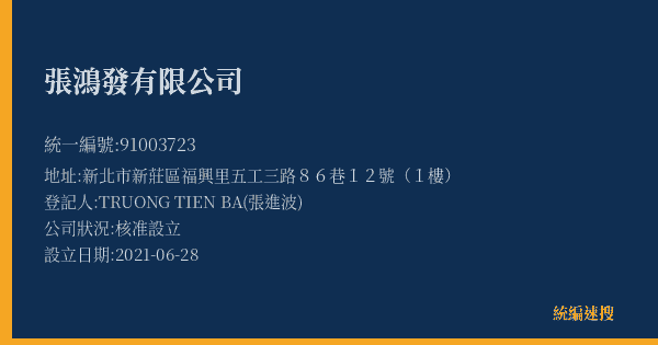 張鴻發有限公司的照片-統編 91003723(新北市) 公司登記資料與營業項目詳細圖表