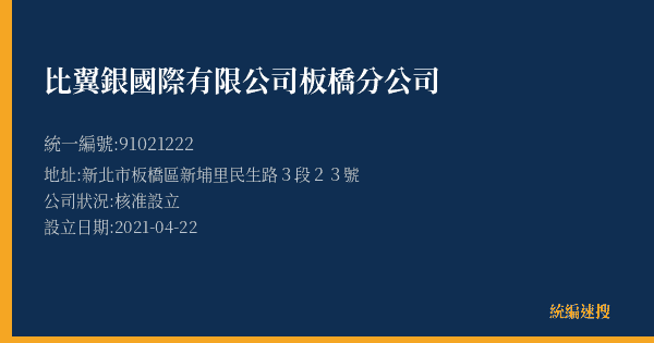 比翼銀國際有限公司板橋分公司的照片-統編 91021222(新北市) 公司登記資料與營業項目詳細圖表