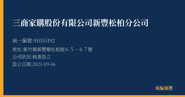 三商家購股份有限公司新豐松柏分公司的照片-統編 91055192(新竹縣) 公司登記資料與營業項目詳細圖表