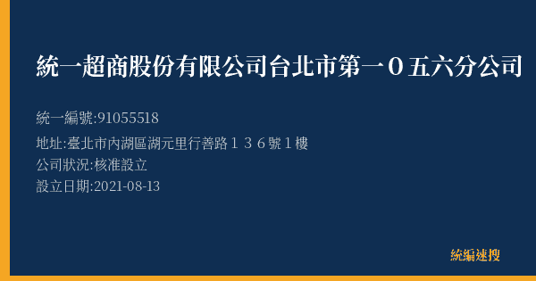 統一超商股份有限公司台北市第一0五六分公司的照片-統編 91055518(臺北市) 公司登記資料與營業項目詳細圖表