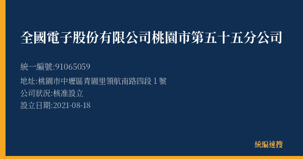 全國電子股份有限公司桃園市第五十五分公司的照片-統編 91065059(桃園市) 公司登記資料與營業項目詳細圖表
