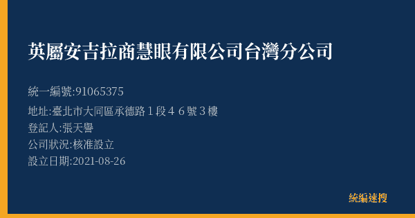 英屬安吉拉商慧眼有限公司台灣分公司的照片-統編 91065375(臺北市) 公司登記資料與營業項目詳細圖表