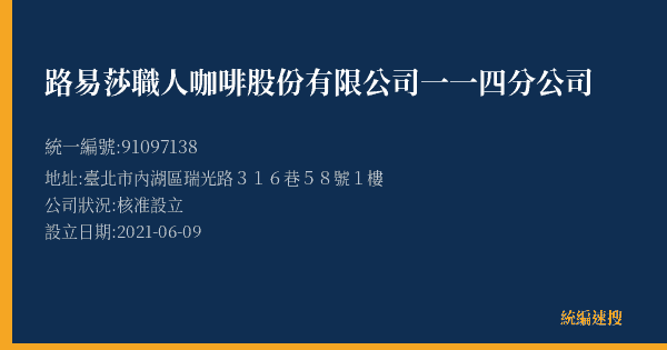路易莎職人咖啡股份有限公司一一四分公司的照片-統編 91097138(臺北市) 公司登記資料與營業項目詳細圖表