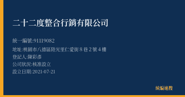 二十二度整合行銷有限公司的照片-統編 91119082(桃園市) 公司登記資料與營業項目詳細圖表