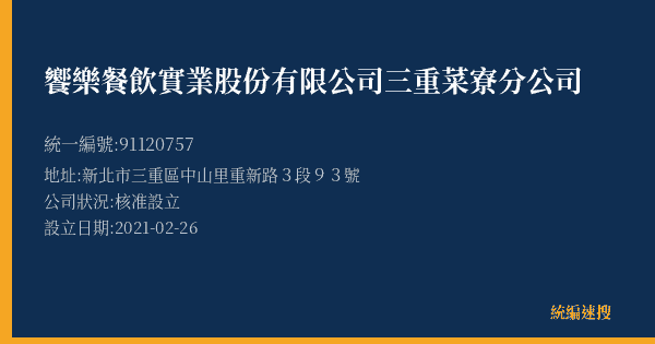 饗樂餐飲實業股份有限公司三重菜寮分公司的照片-統編 91120757(新北市) 公司登記資料與營業項目詳細圖表