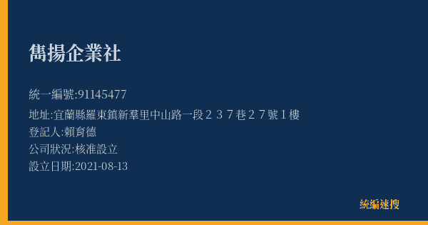 雋揚企業社的照片-統編 91145477(宜蘭縣) 公司登記資料與營業項目詳細圖表