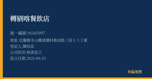 轉剭喀餐飲店的照片-統編 91145997(宜蘭縣) 公司登記資料與營業項目詳細圖表