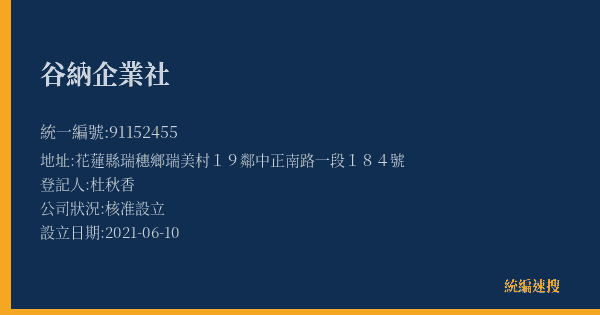 谷納企業社的照片-統編 91152455(花蓮縣) 公司登記資料與營業項目詳細圖表