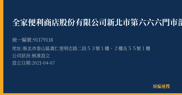 全家便利商店股份有限公司新北市第六六六門市部的照片-統編 91179118(新北市) 公司登記資料與營業項目詳細圖表