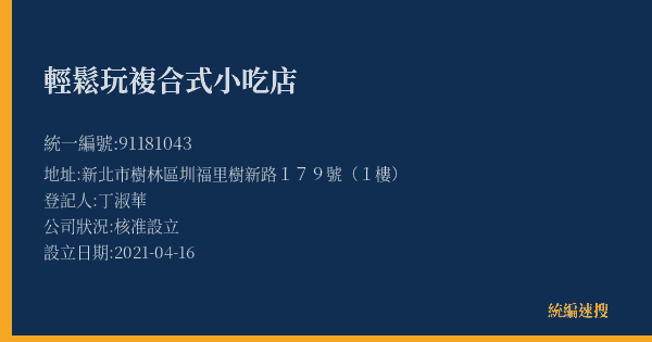 輕鬆玩複合式小吃店的照片-統編 91181043(新北市) 公司登記資料與營業項目詳細圖表