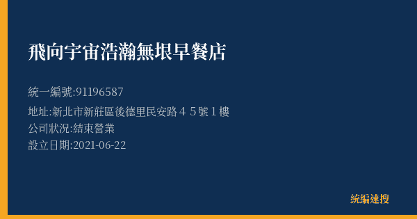 飛向宇宙浩瀚無垠早餐店的照片-統編 91196587(新北市) 公司登記資料與營業項目詳細圖表
