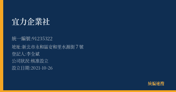 宜力企業社的照片-統編 91235322(新北市) 公司登記資料與營業項目詳細圖表