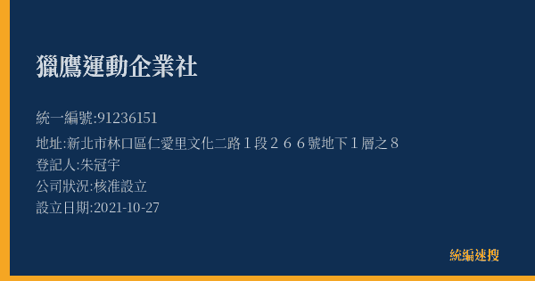 獵鷹運動企業社的照片-統編 91236151(新北市) 公司登記資料與營業項目詳細圖表